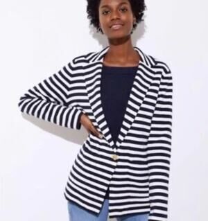 LOFT Small One Button Knit Blazer Navy Blue White Stripe
